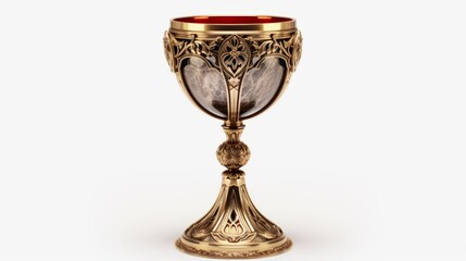 Photo of a golden goblet with a red top on a white background