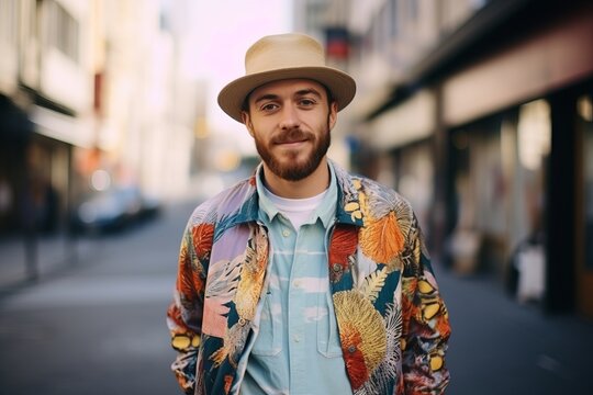 Handsome young hipster man in a hat on the street