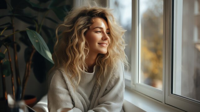 happy blonde woman looking out the window, generative AI