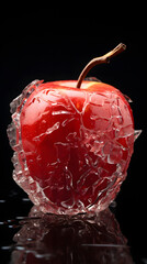 Red apple encased in cracked ice; Black background; Object Reflection; Resolution 3264x5824