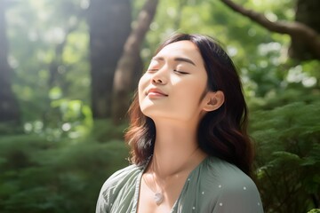 asian woman breathes fresh air in the forest