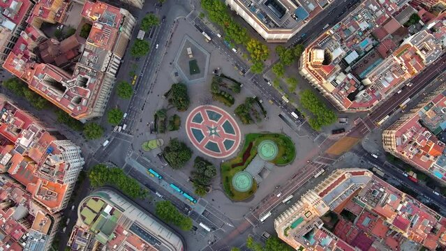 Aerial view of Plaça Catalunya in Barcelona, Spain. This square is considered to be the city center and some of the most important streets meet there. Catalonia Square