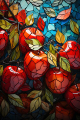 Red apples hanging on a tree branch on a glass mosaic Resolution: 3584x5376	