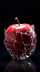 Red apple in cracked ice; Black background; Object Reflection; Resolution 3264x5824
