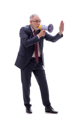 Obraz premium Old businessman holding megaphone isolated on white