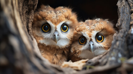 Two baby owls look out in the hollow tree nest
