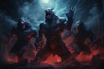 Fototapeta premium Fierce werewolves transforming under the light of the full moon - Generative AI