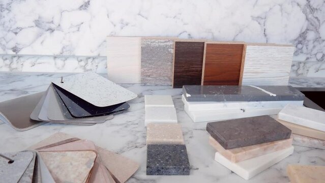 Furniture production. Catalog of samples of materials for kitchen countertops, facades made of artificial stone, plastic, laminate and chipboard