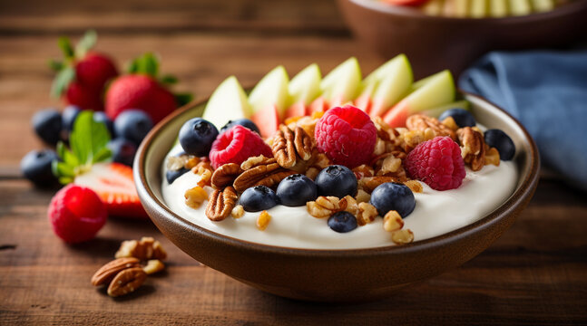 Culinary Photography, delicious Greek yogurt parfait bowl: Layer Greek yogurt with fresh fruits, nuts, and a drizzle of honey or maple syrup, mouthwatering, top - down view, natural lighting, appetizi