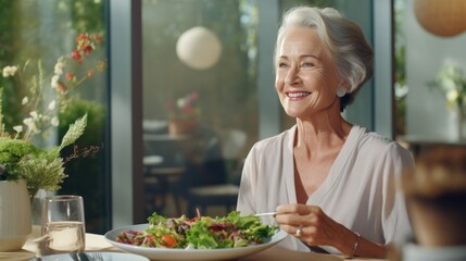 Photo of a woman enjoying a meal at a table