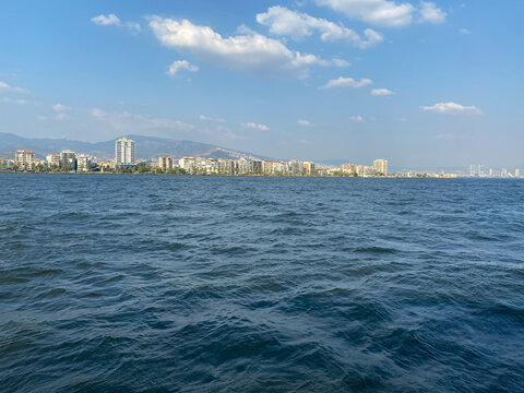 Panoramic view of Izmir Gulf and Izmir Harbor from Bostanli coast. Izmir, Turkey