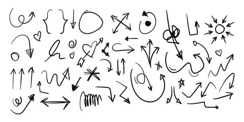 Fototapeta na wymiar Doodle hand drawn pencil arrows, scribbles, heart, circle. Texture design elements.