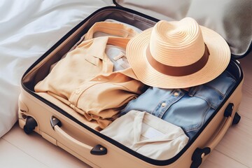 top view holiday traveling clothes packed in a suitcase for a holiday trip