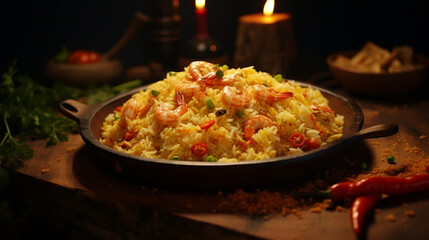 Pork fired rice on the table and kitchen background with sunny rays for advertise. Created using generative AI.