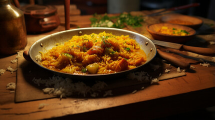 Fragrant Curry with rice on the table with kitchen background and morning sunrise. Created using generative AI.