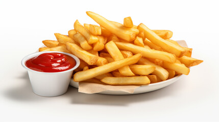 Front view fresh french fries and tomato sauce with clear white background and spotlight for product presentation. Created using generative AI.