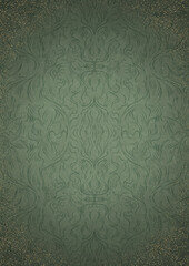 Hand-drawn ornament. Dark green on light warm green background, with vignette of darker background color and splatters of golden glitter. Paper texture. Digital, A4. (pattern: p11-1d)