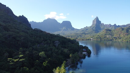 Drone view of mountains with water, green trees