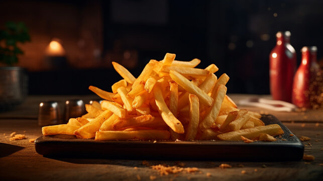 Fresh French fries on the wood table with sun light for product presentation. Created using generative AI.