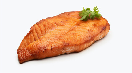 Front view fresh fried salmon steak with clear white background and spotlight for product presentation. Created using generative AI.