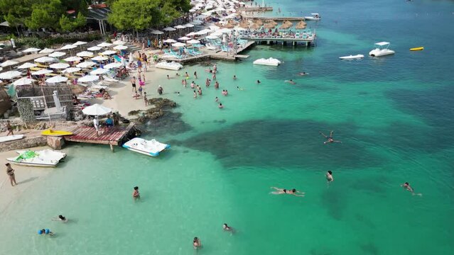 Ksamil, Albania, Sunday 12 August 2023 Amazing 3 islands blue lagoon with crystal waters aerial drone view footage summer traveling wonderful places to be high quality cinematography clips