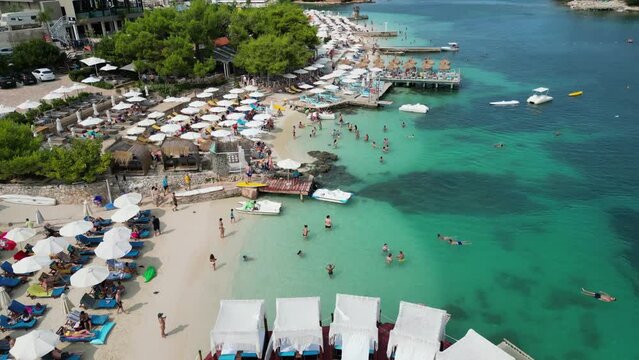 Ksamil, Albania, Sunday 12 August 2023 Amazing 3 islands blue lagoon with crystal waters aerial drone view footage summer traveling wonderful places to be high quality cinematography clips