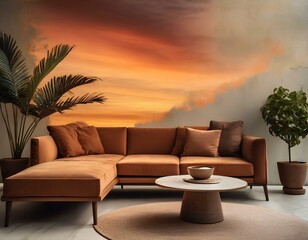 Brown sofa and round coffee table against abstract sunset wall. Loft minimalist home interior design of modern living room; exotic, tropical plants in pots