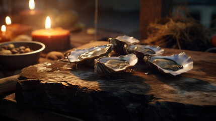 Fragrant Raw oyster on the table with kitchen background and sunset and candle light. Created using generative AI.