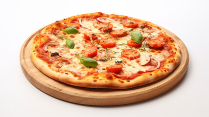 Front view fragrant Italian pizza with plain white background and warm light for advertise and presentation. Created using generative AI.