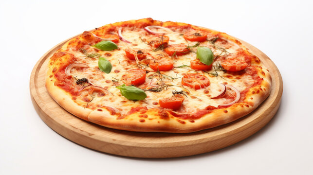 Front View Fragrant Italian Pizza With Plain White Background And Warm Light For Advertise And Presentation. Created Using Generative AI.