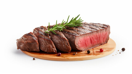 Front view fragrant medium rare steak and pepper with plain white background and warm light for advertise and presentation. Created using generative AI.