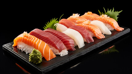 Front view fragrant Sushi and sashimi set with plain black background and warm light for advertise and presentation. Created using generative AI.