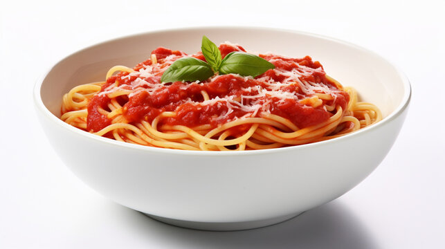 Front view fresh Spaghetti tomato sauce with clear white background and spotlight for product presentation. Created using generative AI.