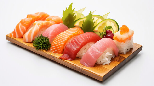 Front view fresh Sushi and sashimi set with white background and warm light for product presentation. Created using generative AI.