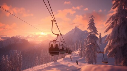 Hyper-realistic ski resort chairlift ascending against a backdrop of a fiery winter sunset, casting a warm glow on the snow-covered landscape and the excited faces of skiers in transit. - obrazy, fototapety, plakaty