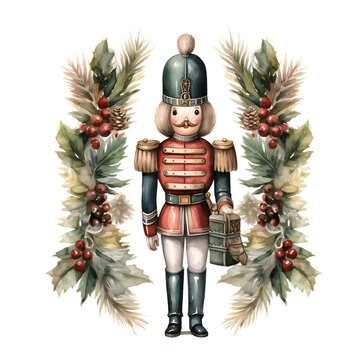 Traditional Christmas Nutcracker in Watercolor Clipart, Isolated with Pine Leaves