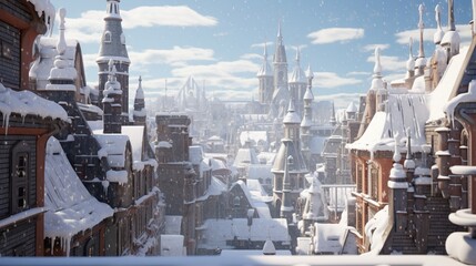 Fototapeta na wymiar Hyper-realistic snow-covered rooftops in an old city, with intricate architectural details highlighted by the pristine white blanket of snow.