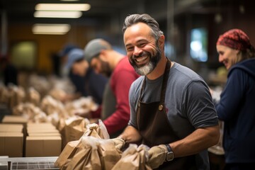 A joyful image of a group of friends volunteering at a local food bank, packing boxes of Thanksgiving meals for families in need, illustrating the spirit of giving and community involvement during the - obrazy, fototapety, plakaty
