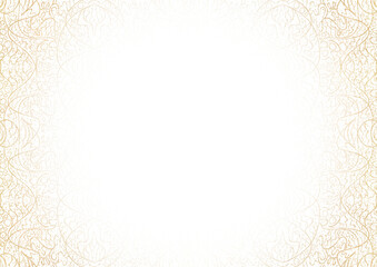 Vignette of golden hand-drawn pattern with splatters of golden glitter isolated on transparent background. Copy space. Digital artwork, A4. (pattern: p02-2b)