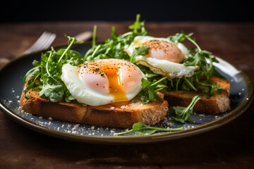 Eggs on toast, sourdough bread, garnished with greens, breakfast photo. food photography