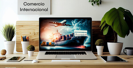 Laptop mostrando icono de comercio internacional en un despacho de una empresa de Servicios de...