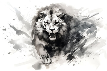 lion illustration in Chinese brush stroke calligraphy in black and grey drawing inking - obrazy, fototapety, plakaty