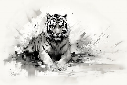 Tiger illustration in Chinese brush stroke calligraphy in black and grey drawing inking