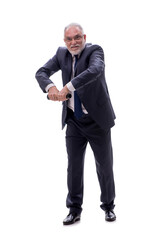 Old businessman holding penlight isolated on white