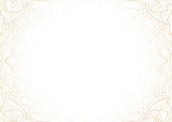 Vignette of golden hand-drawn pattern with splatters of golden glitter isolated on transparent background. Copy space. Digital artwork, A4. . (pattern: p07-1a)