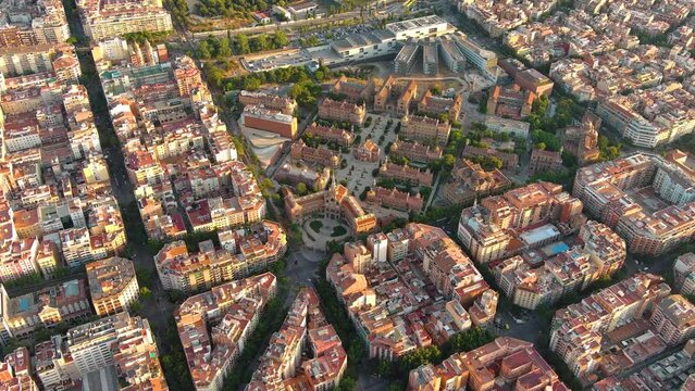 Aerial view of buildings of former Hospital de la Santa Creu i Sant Pau. Barcelona, Spain