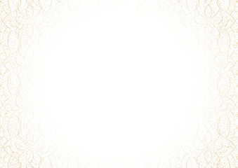 Vignette of golden hand-drawn pattern with splatters of golden glitter isolated on transparent background. Copy space. Digital artwork, A4.  (pattern: p08-1c)