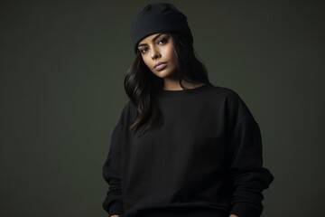 Portrait of a beautiful young woman in black hoodie and cap
