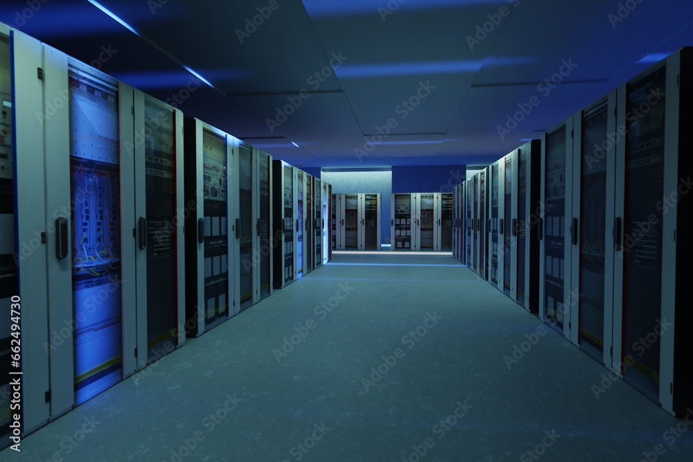 Poster hosting center. server cabinets in dark room. data processing center. equipment for hosting provider