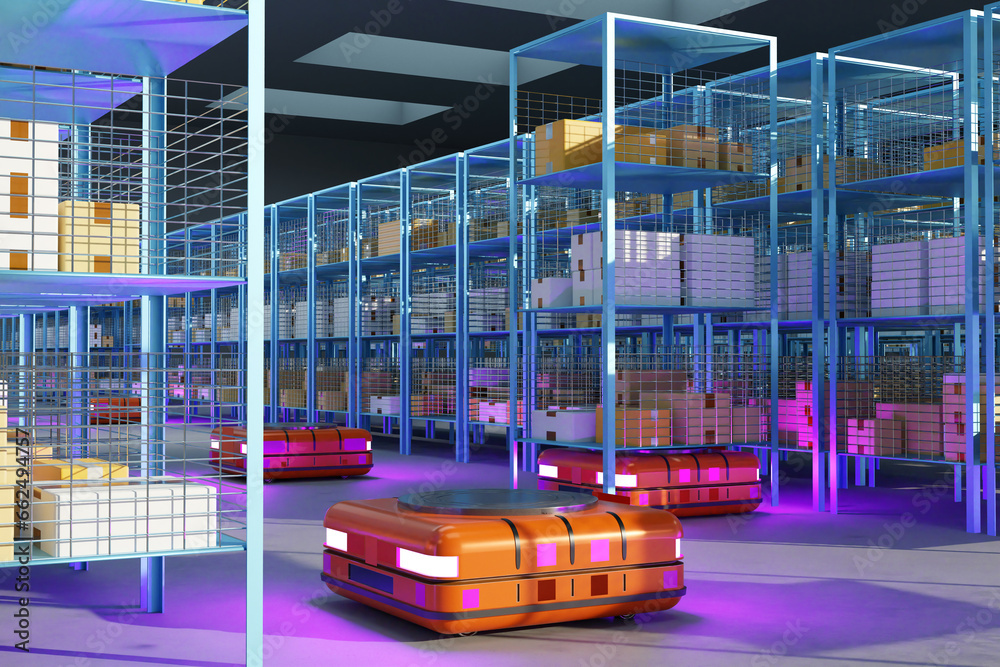 Poster automated guided vehicles. search robots in warehouse. amr with magnetic disks. orange automated gui